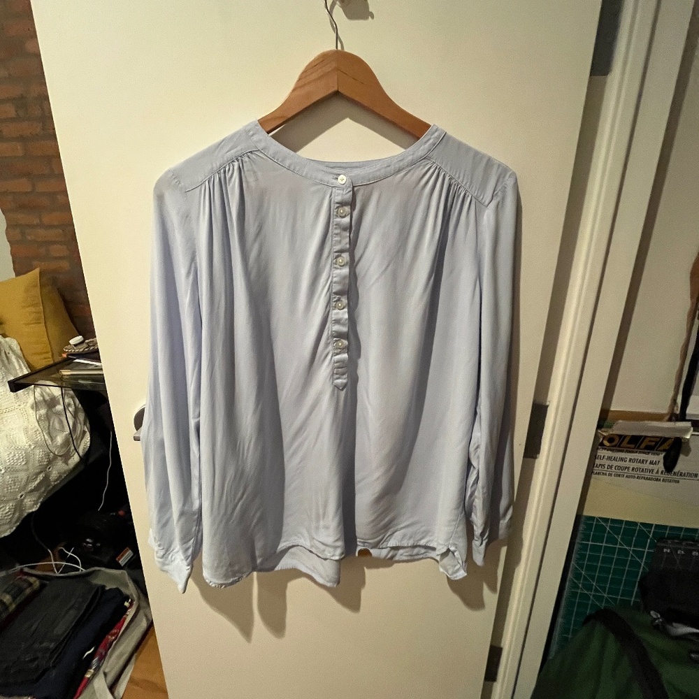 Light Blue Loft long sleeve half button silky shirt Large Petite roll tab
